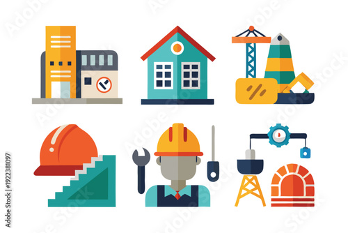 construction icons flat set vector on white background