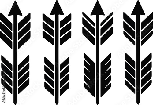 Four elegant black tribal arrows with detailed fletching pointing upwards on a clean white background