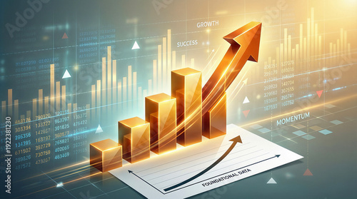 Golden 3D Bar Chart Showing Financial Growth and Upward Trend with Data Visualization Background.