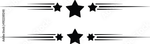 Graphic element depicting a central black star flanked by two smaller stars and dynamic stripes