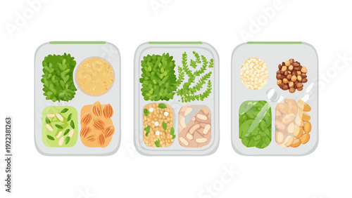 Vector flat lay of organized glass containers with healthy grains, greens, and protein, minimalist kitchen aesthetic.