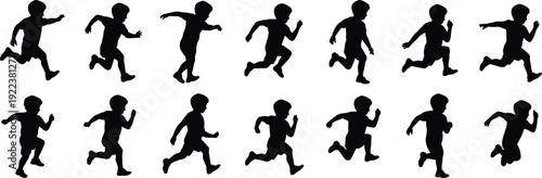Child running silhouette icons with sequential motion frames for animation and sports science theme - black vector illustration set