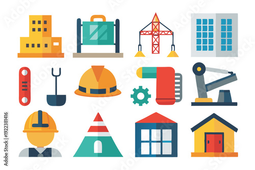 construction icons flat set vector on white background