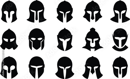 Group of stylized black silhouette warrior helmets from ancient times on a plain white field