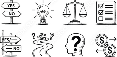Set of hand drawn decision making icons with yes no sign, light bulb idea, justice scales, checklist, question marks and financial money symbols illustration