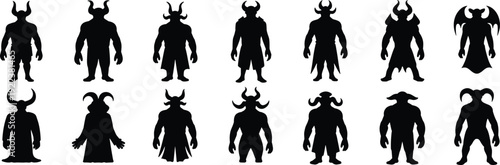 Demon humanoid silhouette icons with horns, wings, and fantasy horror character theme - black vector illustration set