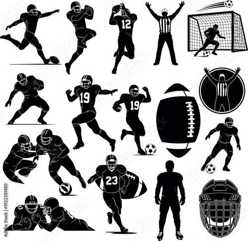 American Football and Soccer Silhouette Set Featuring Players Running Kicking Passing Referee Actions Sports Icons and Protective Gear Helmet Equipment