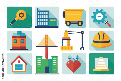 construction icons flat set vector on white background