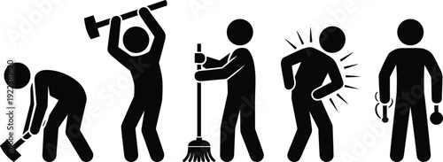 Set of human stick figure silhouettes showing manual labor work, hammering, cleaning and back pain concept isolated on white background icon collection illustration