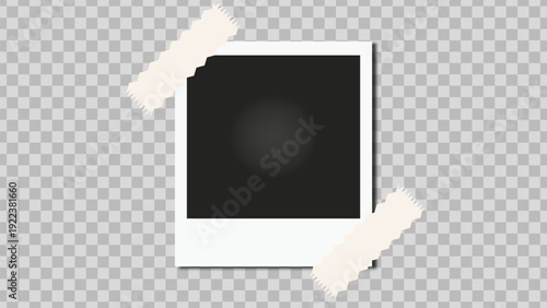 Vintage instant photo frame with adhesive tape isolated on transparent background