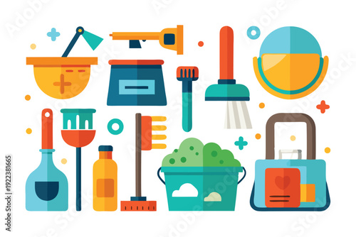 cleaning supplies tools flat icon set vector on white background