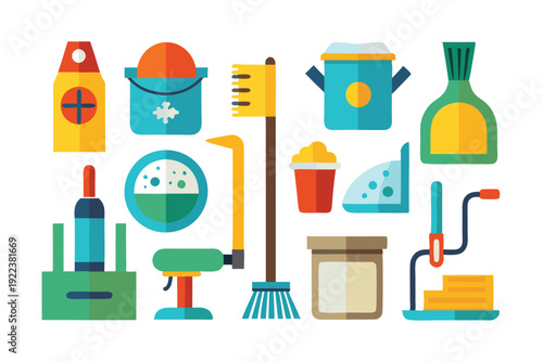 cleaning supplies tools flat icon set vector on white background