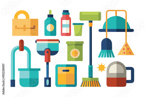 cleaning supplies tools flat icon set vector on white background