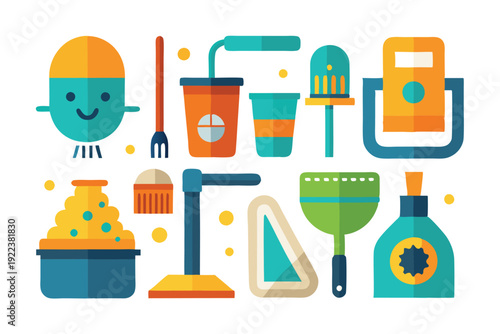 cleaning supplies tools flat icon set vector on white background