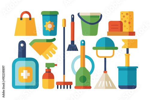 cleaning supplies tools flat icon set vector on white background