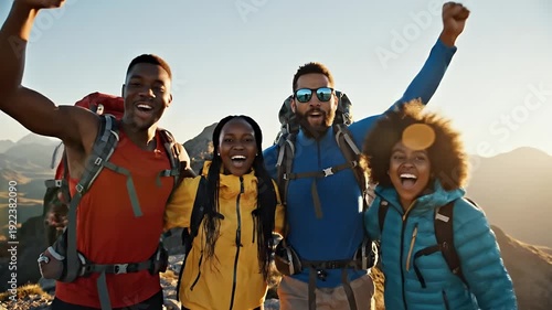Four Friends Posing on Mountain Top with Backpacks on a Sunny Day