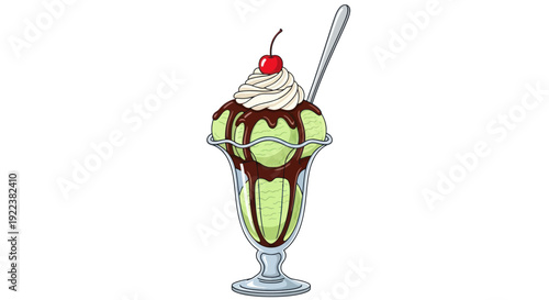 Delicious Green Ice Cream Sundae with Cherry and Spoon.