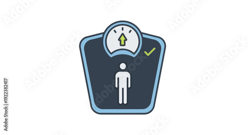 Stylized blue bathroom weighing scale icon with a person symbol upward arrow and checkmark.