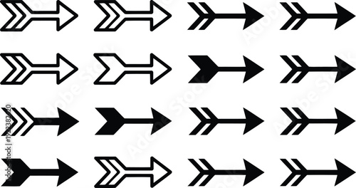 Numerous black and white arrows with fletching details pointing towards the right on a clean white background