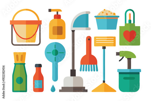 cleaning supplies tools flat icon set vector on white background