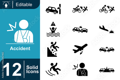 Collection of 12 solid icons representing different types of accidents and dangers, including car crashes, falls, and drowning
