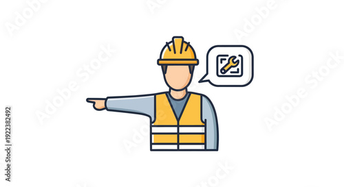 Construction Worker Icon Pointing Left with Tools Speech Bubble.