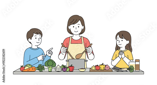 Family happily cooking healthy food together in the kitchen.