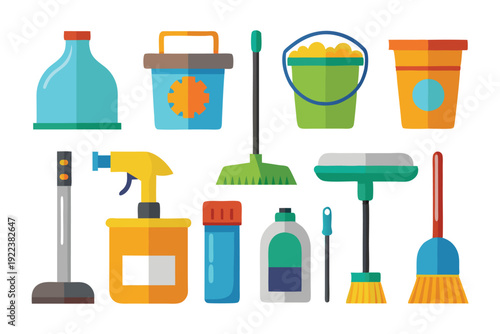 cleaning supplies tools flat icon set vector on white background