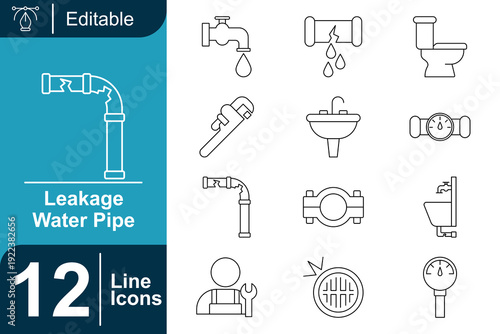 Collection of line art icons representing plumbing services, water leaks, and essential tools for repair and maintenance in a clear, organized graphic design