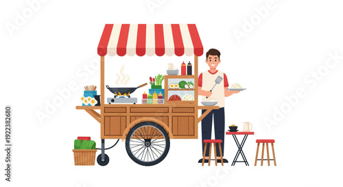 Street Food Vendor with Cart and Red and White Striped Awning.