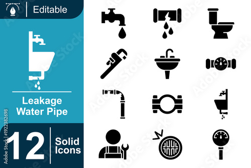 Plumbing Icons A Collection of 12 Solid Icons Representing Leakage, Water Pipes, Tools, and Fixtures for Various Plumbing Needs