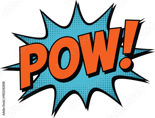 Pow in bold orange letters explodes from a blue comic book style speech bubble with black outline