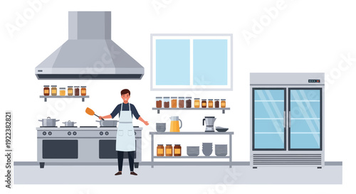 Male chef in uniform cooking in a professional restaurant kitchen with stainless steel equipment.