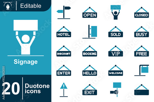 Set of 20 Duotone Icons for Signage, Including Directional Signs, Open/Closed Signs, VIP, Hotel, and More, Perfect for Websites and Apps