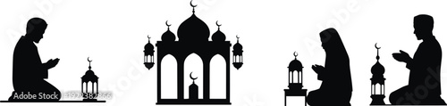 Islamic prayer and mosque silhouette vector illustration, Ramadan icons with lanterns, spiritual artwork, decorative graphics, cultural motifs