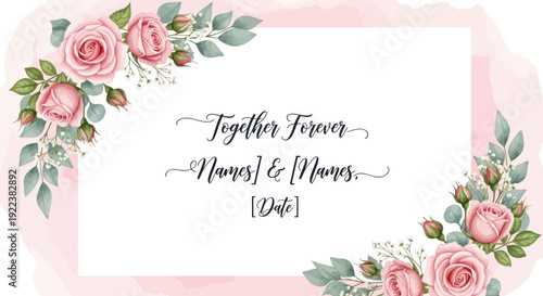 Elegant Floral Wedding Invitation Design with Pink Roses and Green Leaves.