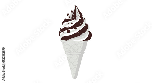 A vanilla and chocolate twist soft serve ice cream cone with chocolate chip toppings.