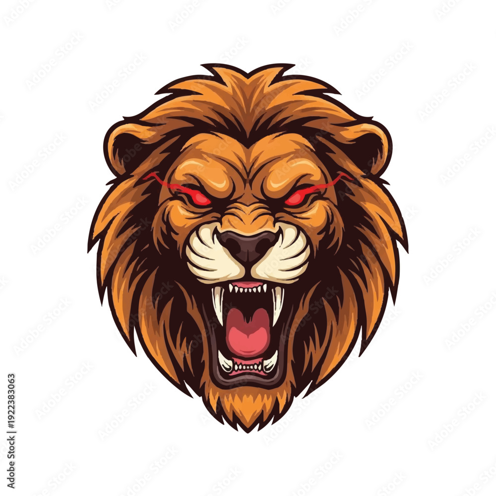 Obraz premium A vibrant cartoon illustration of an angry lion's head with red eyes and open mouth against a clean white background.