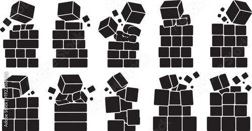 Black brick wall collapse illustrations on white background