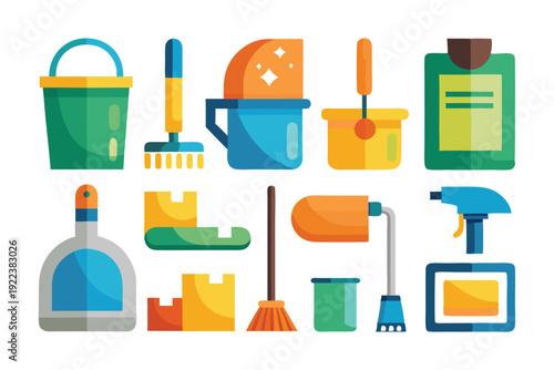 cleaning supplies tools flat icon set vector on white background