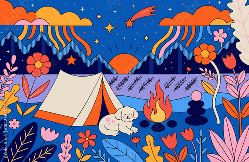  dreamy camping scene by lavender field fluffy pet near tent under starry sky sunset mountains flowers whimsical pastel illustration