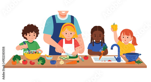 Diverse Children and Adult Learning to Cook Healthy Food Together.
