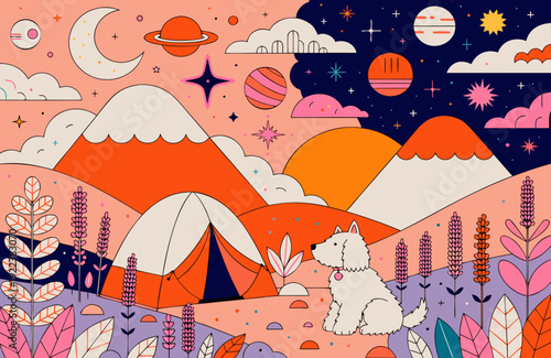  dreamy camping scene by lavender field fluffy pet near tent under starry sky sunset mountains flowers whimsical pastel illustration