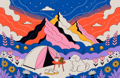  dreamy camping scene by lavender field fluffy pet near tent under starry sky sunset mountains flowers whimsical pastel illustration