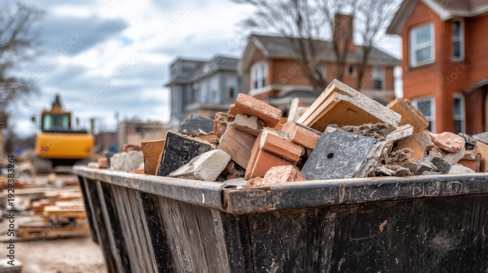 Fototapeta premium Metal dumpster filled with construction debris and brick rubble at demolition site