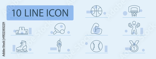 Sport set icon. Basketball, hoop, table tennis, muscle, weightlifting, skating, torch, baseball, medal, competition, fitness, training, championship, athletic activity.