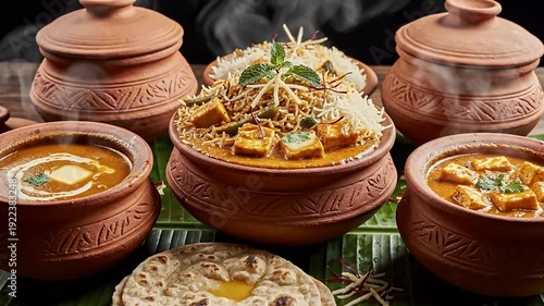 Assortment of Indian Dishes Served in Clay Pots on Banana Leaf Against Dark Background
