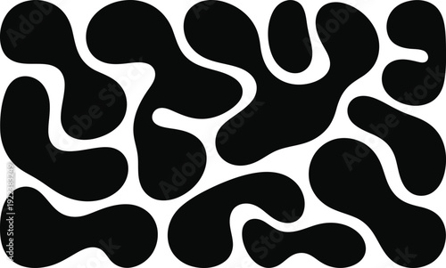 Scattered black organic shapes float individually across a brilliant white canvas in a visually soothing and balanced layout