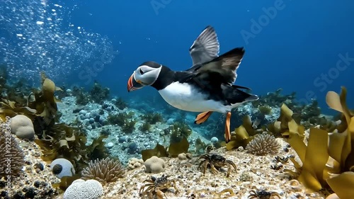 Atlantic Puffin Swimming Underwater in Clear Blue Sea with Kelp and Sunlight