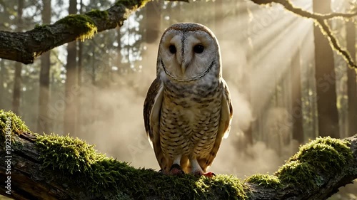 Barn Owl Perched on Mossy Branch with Sun Rays in Misty Forest Background